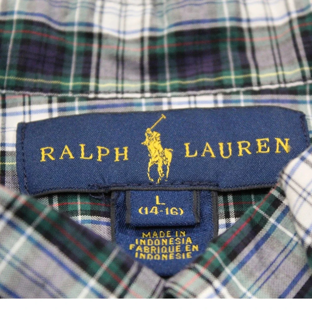 Ralph Lauren Kids Plaid Button Down Shirt L/S Green Blue Size L 14-16‎ Cotton